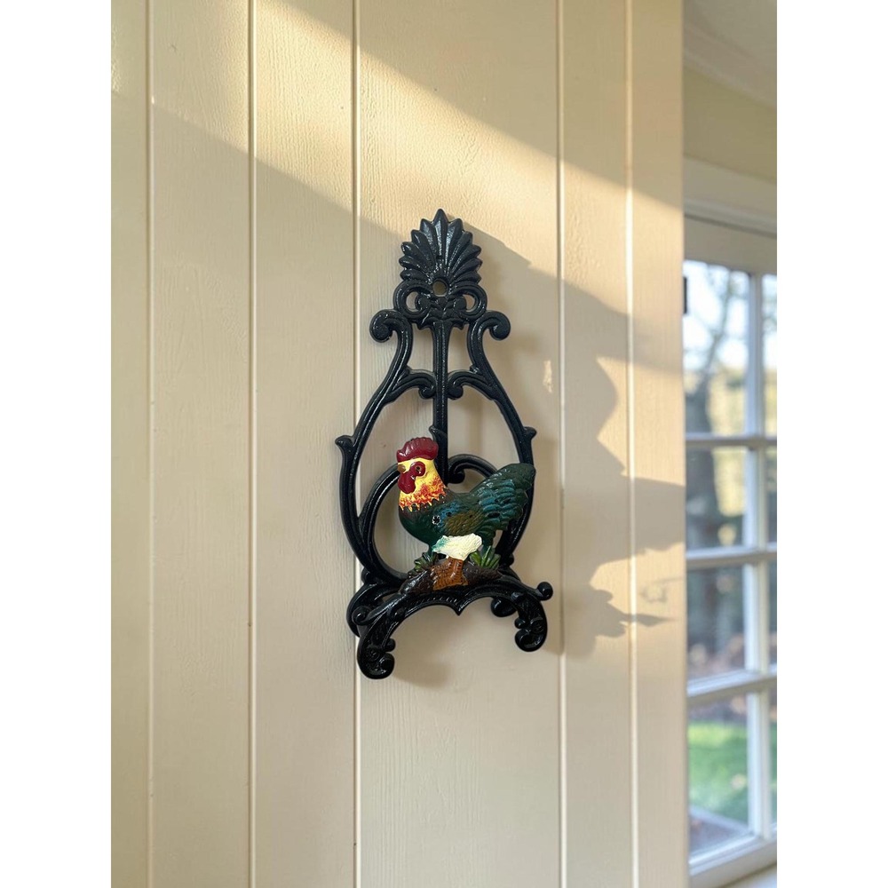 Vintage Rooster Cast Iron Wall Plate Holder - Book Display - Garden Hose Guide